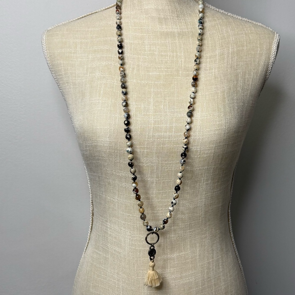 38” Long multi- color beaded necklace with coin and tassels pendant